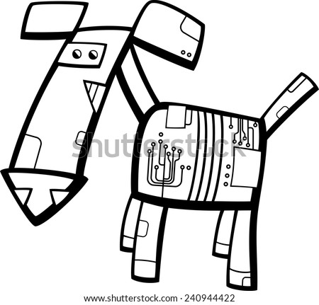Black and White Cartoon Vector Illustration of Funny Fantasy Robot Dog for Coloring Book