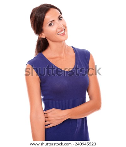 Pretty hispanic woman looking at you smiling in white background