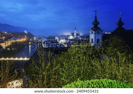 Steyr panorama with St. Michael's Church. Steyr, Upper Austria, Austria. Royalty-Free Stock Photo #2409455431