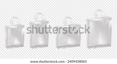 Standing clear plastic reusable shopping bag with handles. Vector mockup set. Transparent PVC tote bag shopper mock-up Royalty-Free Stock Photo #2409458065
