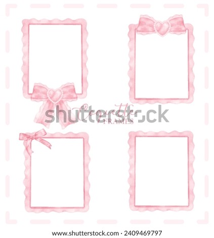 Cute coquette aesthetic pink frame rectangle shape with ribbon bow in vintage style watercolor collection.