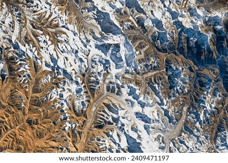 CloseUp of Mount Everest. The highest mountain on Earth takes on a different perspective from the vantage point of space. Elements of this image furnished by NASA.