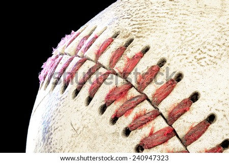 Close up macro of a vary used baseball