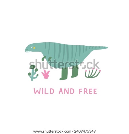 Cute dinosaur postcard with funny hand drawn doodle flying dino, plants, palm, pterodactyl. Jurassic era cover, template, banner, poster, print. Extinct animal background for kids