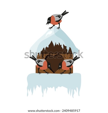 Winter clip art with Bullfinches and a birdhouse. Design Christmas card element in trendy retro style. Winter art with birds. Vector illustration can used children books paint and t-shirt print.