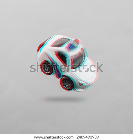 Toy police car levitating on gray background with shadow. Glitch effect