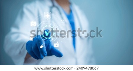 A medical worker touch virtual screen of certification of standard quality control, guarantee of warranty. Digital internet business medical technology storage.Guarantee Standards ISO  Royalty-Free Stock Photo #2409498067