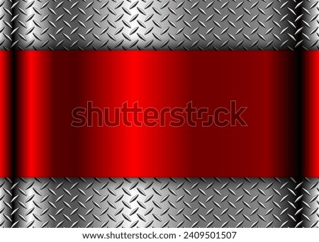 Silver red metallic 3d background with banner in the center and diamond plate metal pattern, vector illustration.