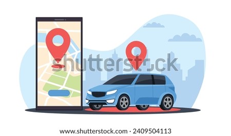 Remote connection to vehicle via mobile app. Smartphone with city map on screen. Wireless connection. Car control. Taxi or car sharing application. Cartoon flat isolated vector concept