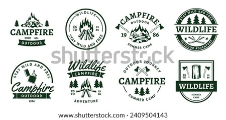 Campfire black emblems. Adventure design labels, burning firewood and woodpiles, axes and bonfires, hiking elements for prints, outdoor activities sticker. Traveling in forest tidy vector set Royalty-Free Stock Photo #2409504143