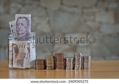 Money coins columns and banknotes, Czech Crown currency. Money, bussines, economy, inflation, savings concept photo. Copy space for placement of text.