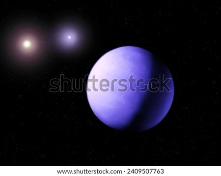Planet with two suns. Exoplanet in a binary star system. Extrasolar planet in purple tones. Sci-fi background.