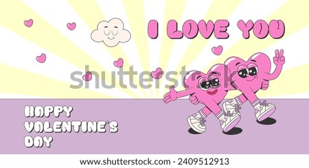 Retro groovy Happy Valentine's day banner template with hippie lovely hearts characters. Vector funky cartoon romantic 60s, 70s background for header of website, poster, cover, print.