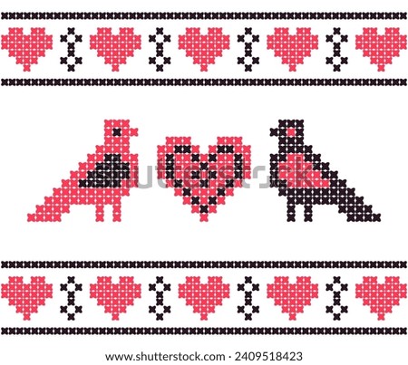 Dragobete, Romanian Valentine's day tradition. Cross stitch pattern with hearts and bird couple. Vector illustration.