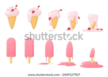 Melting ice cream set of animation sequence. Melting stages collection of strawberry sundae in waffle cone and pink popsicle from whole to melted glossy sweet puddle cartoon vector illustration Royalty-Free Stock Photo #2409527907