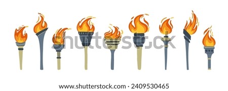 Set of olympic torches with burning fire. Flat style vector illustration 