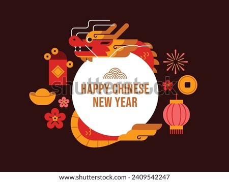 Chinese new year elements in modern minimalist geometric style. Colorful illustration in flat vector cartoon style. Dragon in geometrical patterns.Wallpaper