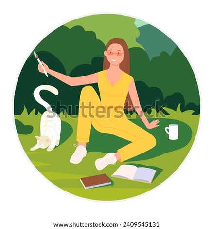 Personal boundaries, privacy vector illustration. Cartoon young woman drawing with brush calm space to close comfort balloon, isolated introvert sitting inside safe bubble with cat and reading books