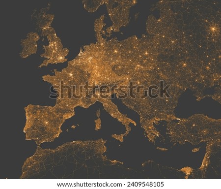 Night satellite view of Europe and the Mediterranean Sea. City and street lights. Elements of this image are furnished by Nasa