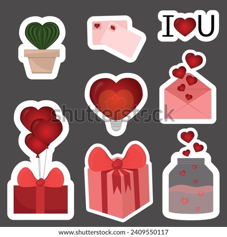 Stickers for St. Valentine's Day. Stickers gift, hearts, lamp, vase, envelope, jar with hearts.