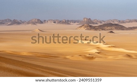 Landscape of Erg Admer in the Sahara desert, Algeria. The golden sand of Erg Admer with, in the distance, the rock formations of Tassilis. Royalty-Free Stock Photo #2409551359