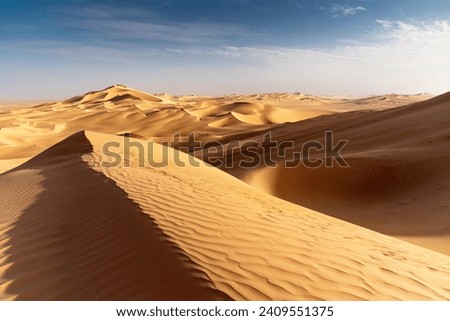 Landscape of Erg Admer in the Sahara desert, Algeria. A view of the dunes and furrows dug by the wind in the sand. Royalty-Free Stock Photo #2409551375