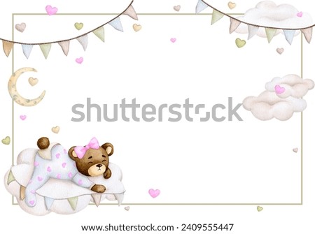 Baby bear. Girl. Birthday,gender party, baby shower, children's party. Children's watercolor illustration in pastel colors. Horizontal postcard, poster, banner, invitation, greeting card.
