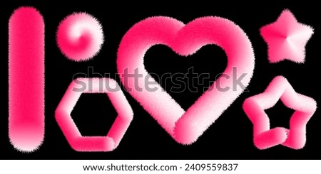 Colorful cartoon fluffy elements. Fur heart. Vector isolated on black background. Fur hearts and stars. Royalty-Free Stock Photo #2409559837