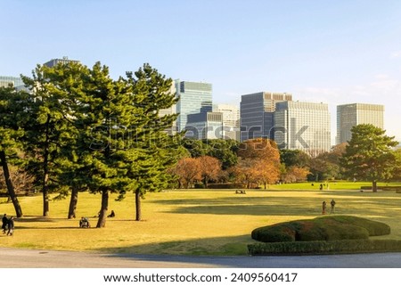Tokyo skyline view from the East Gardens of the Imperial Palace in Tokyo, Japan. 