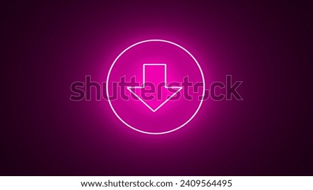 Neon download simple icon, Flat design. pink circle neon on black background with pink light. download button icon, arrow symbol.