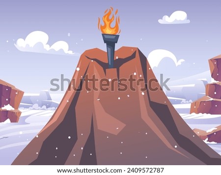 Fire torch burn on mountain top achievement success motivation concept. Vector graphic design illustration