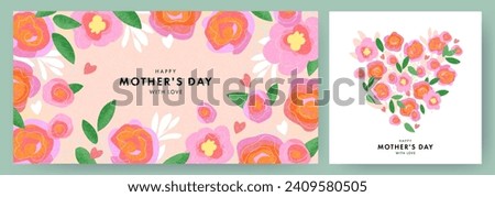 Mother's Day card. Trendy banner, poster, flyer, label or cover with flowers frame, abstract floral pattern in mid century art style. Spring summer bright abstract floral design template for ads promo Royalty-Free Stock Photo #2409580505