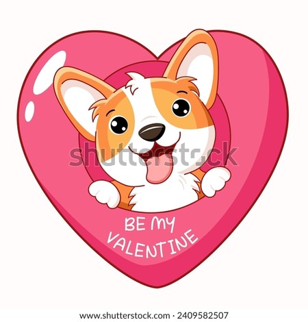 Cute Valentine card in kawaii style. Lovely little corgi puppy with pink heart. Inscription  Be my Valentine. Can be used for t-shirt print, stickers, greeting card design. Vector illustration EPS8 Royalty-Free Stock Photo #2409582507
