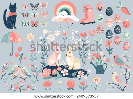 Spring design. Spring collection. Hand drawn spring elements flowers, bird, bunny. Vector illustration.