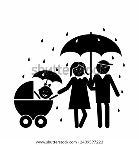 Parents with pram with rain umbrella, family, black silhouette, vector icon, illustration