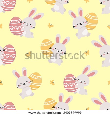 Seamless vector pattern for Easter day. Cute bunny running with Easter egg, butterflies 