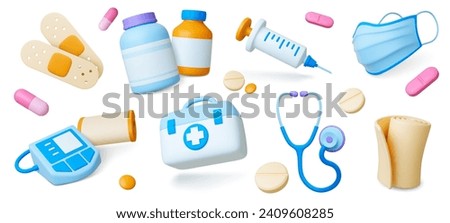 3d medical icons. Isolated hospital ambulance tools, pills and drugs. Plasticine medicine and pharmacy elements, pithy vector realistic set