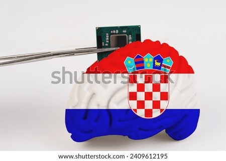 On a white background, a model of the brain with a picture of a flag - Croatia,a microcircuit, a processor, is implanted into it. Close-up