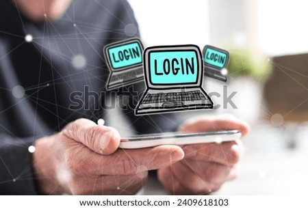 Hands of man holding a smartphone with login concept