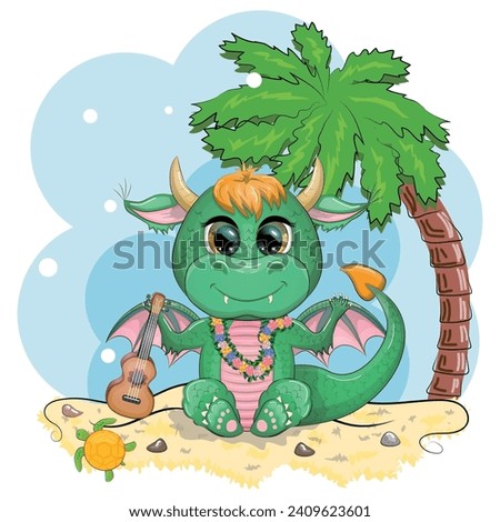 Cute cartoon green baby dragon with ukulele on the beach. Symbol of 2024 according to the Chinese calendar. Mythical reptile monster