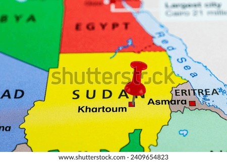 Khartoum, Africa. Close up of Khartoum map with red pin on the map of Sudan. Royalty-Free Stock Photo #2409654823