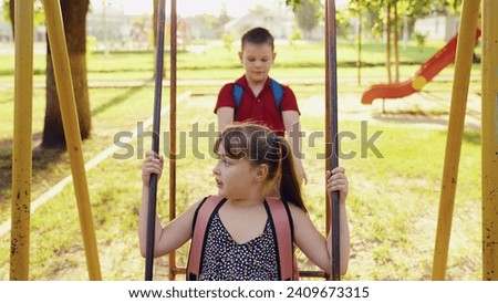 girl floating air swing, flying game, playground, boy girl playing together playground, children friends, happy family boy girl playing outdoors park, daughter son love swing, smile laughter kid face