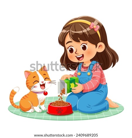 Little girl kneeling on the floor with a smile and enjoying the time of feeding her cat at home. Vector illustration isolated on white background