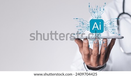 Medicine doctor with hologram of medical technology by AI artificial intelligence. innovation, science and intelligent medical technology develop health insurance.