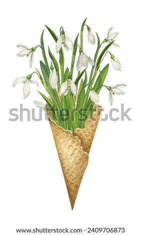 Snowdrops in a waffle cone. Bouquet of spring wild flowers.