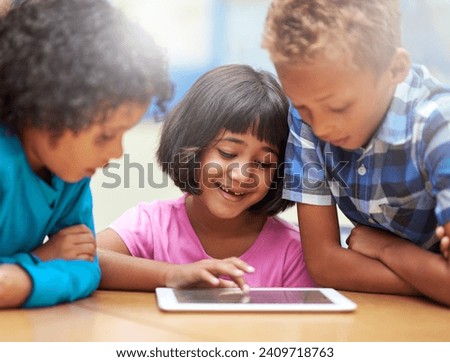 Students, kids learning and tablet in classroom for online education, video streaming and information in group. Happy children with digital technology and scroll for knowledge and school development
