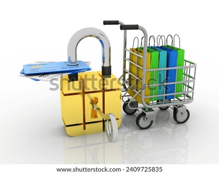 3d rendering colorful shopping bags in trolley with debit card lock
