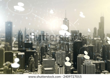 Double exposure of social network icons hologram on Chicago office buildings background. Networking concept