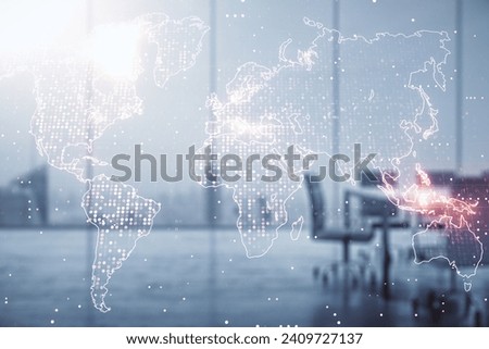 Double exposure of abstract digital world map hologram on a modern boardroom background, big data and blockchain concept