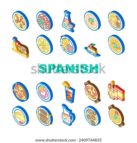 spanish cuisine food spain paella icons set vector. dish mediterranean, tortilla onion, omelet table, mussel gourmet, olive, traditional spanish cuisine food spain paella isometric sign illustrations